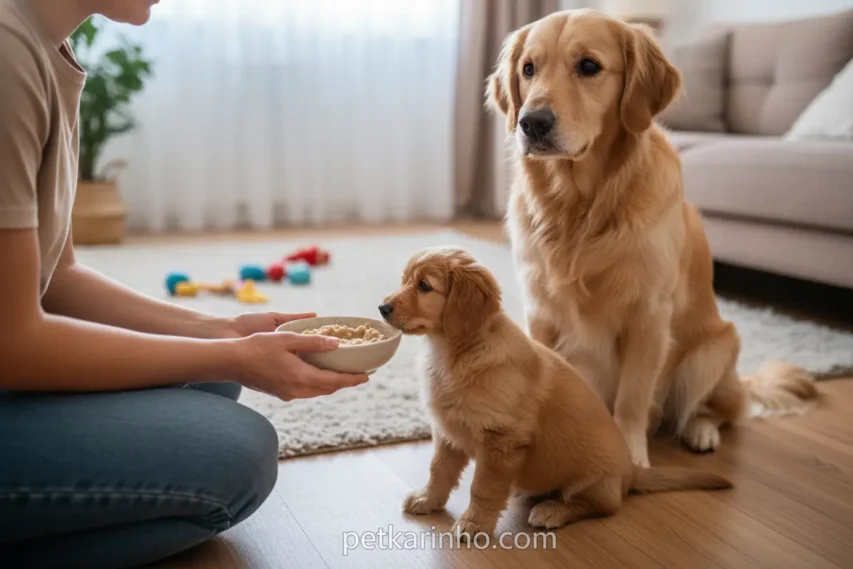 Tutor confortando filhotes durante o desmame em uma caixa
