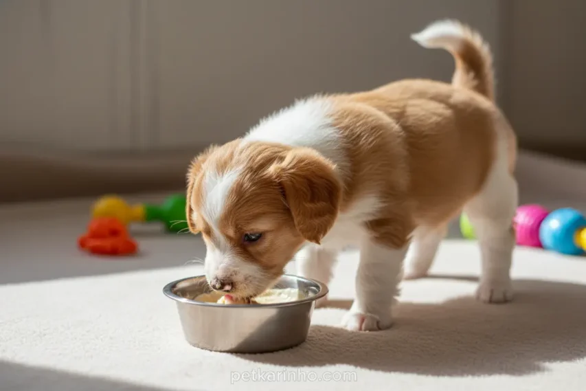 Filhote curioso cheirando tigela de comida pronto para o desmame