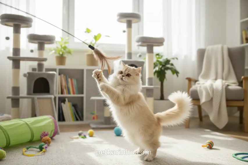 Gato Persa cinza brincando com uma varinha interativa com penas.