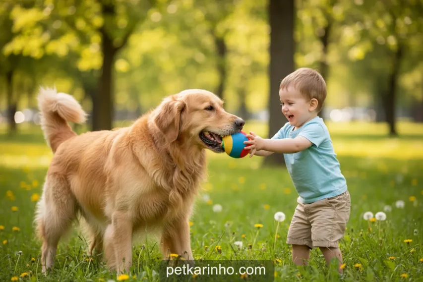 Golden Retriever carinhoso com criança no colo