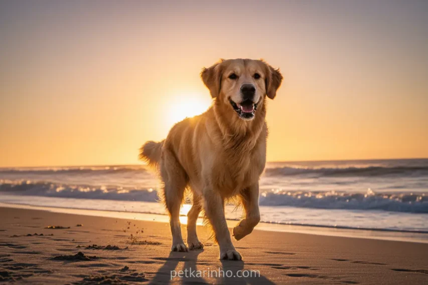 Golden Retriever correndo feliz na praia ao pôr do sol