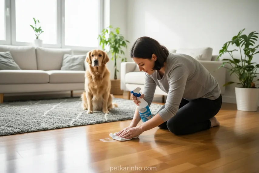Produto de limpeza enzimático para remover cheiro de xixi de cachorro.