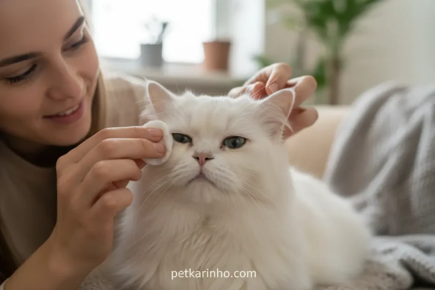 Tutor limpando cuidadosamente os olhos de um gato Persa branco.