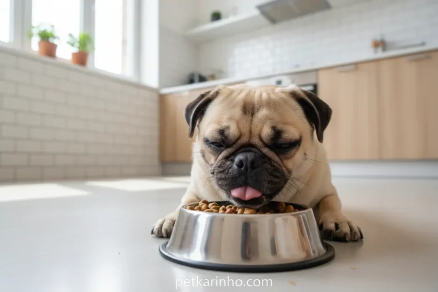 Pug comendo ração de qualidade em tigela azul