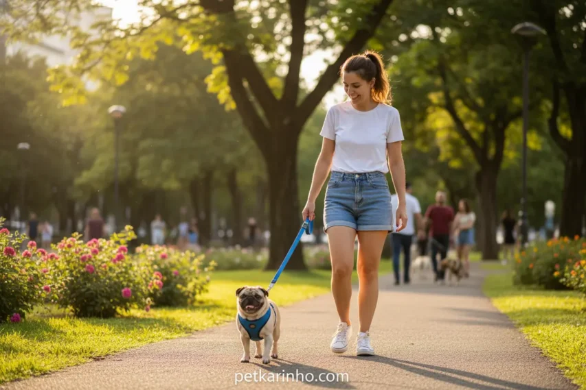 Pug feliz passeando no parque em dia fresco e seguro