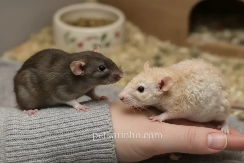 Dois ratos de estimação demonstrando carinho.