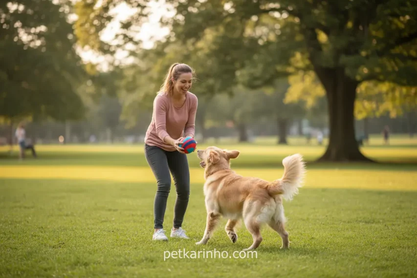 Tutor brincando com cão em parque, reforçando laços de confiança