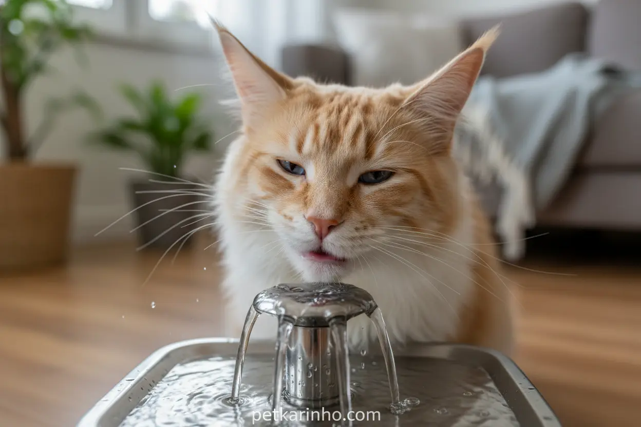 Gato bebe fonte agua