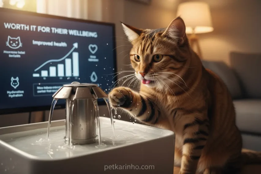 Gato bebendo água fresca em uma fonte de aço inoxidável