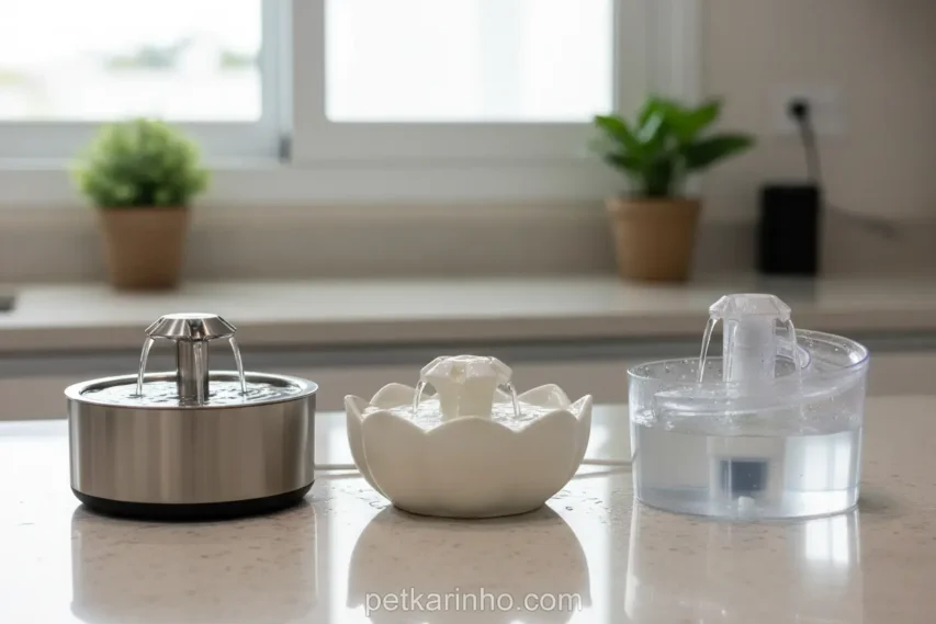 Comparação de tipos de fontes de água para gatos: plástico, cerâmica e aço inoxidável