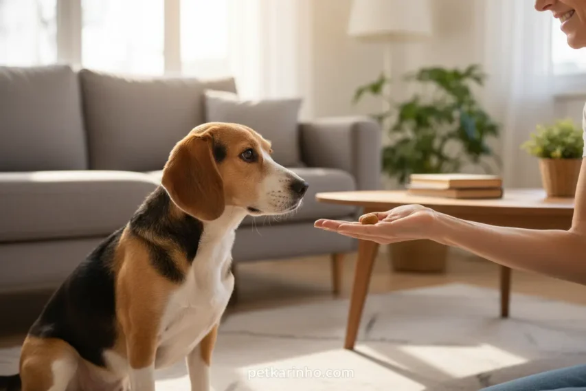 Reforço positivo: cão recebendo petisco do tutor.