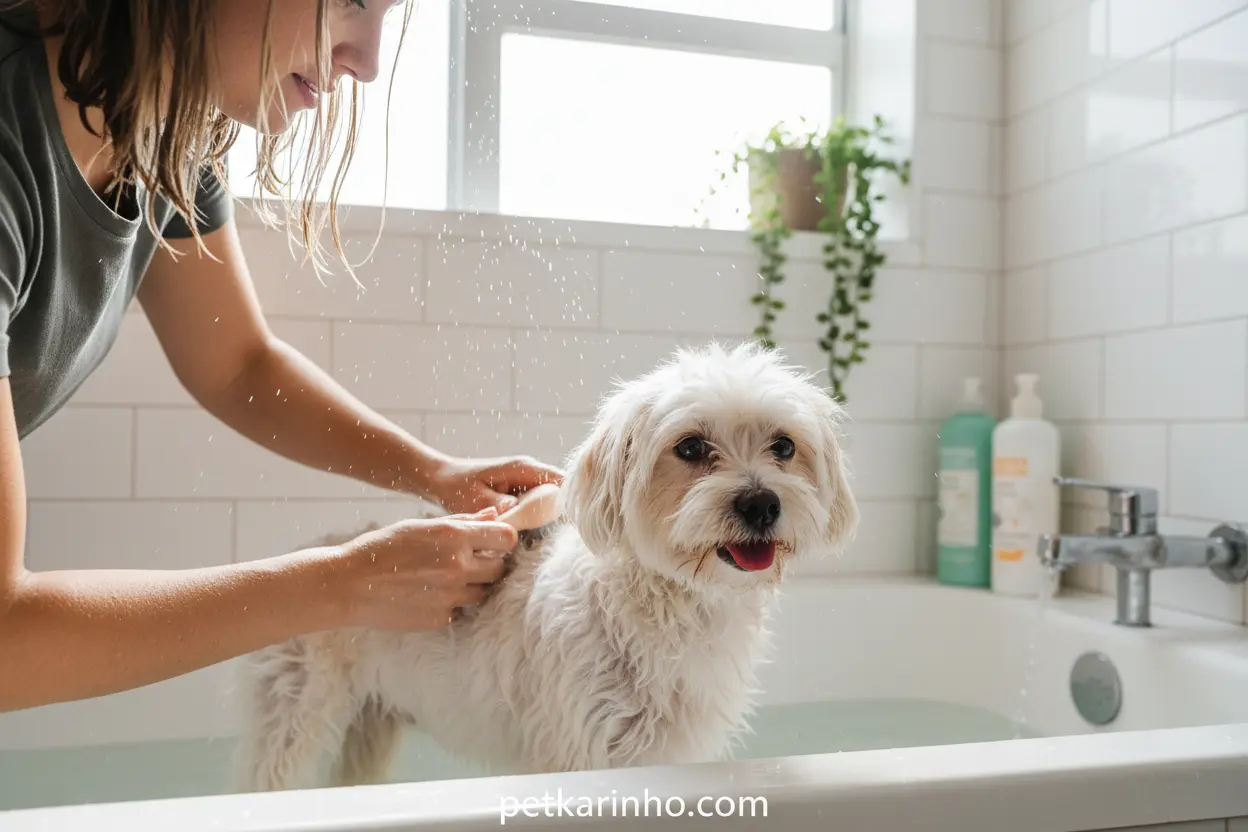 Pessoa dando banho em cachorro
