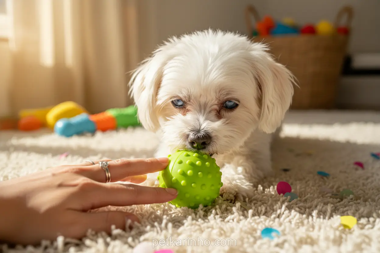 Cão cego brincando com brinquedo sonoro