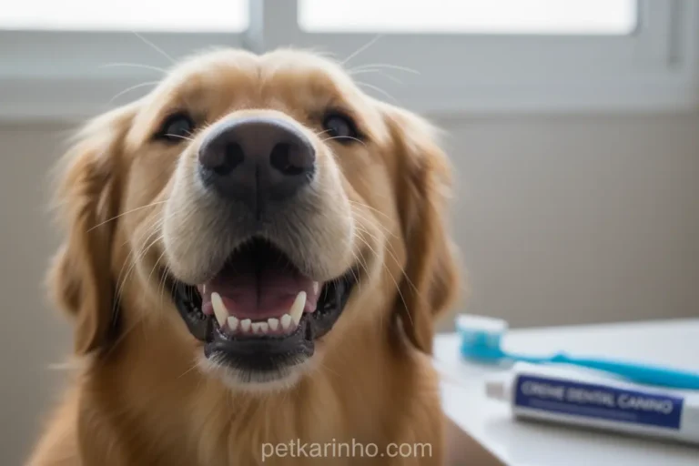 Golden retriever sorrindo, dentes limpos e saudáveis