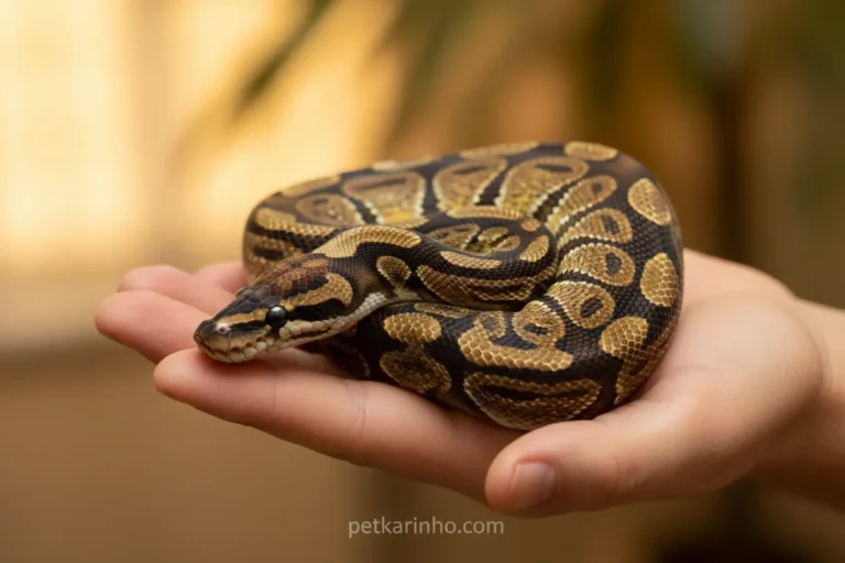 Píton-bola domesticada na mão de um tutor.
