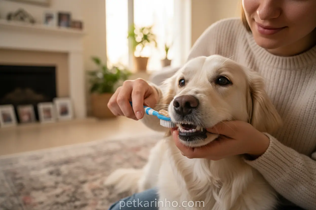 Higiene oral em cachorros: tutor escovando os dentes do seu cão