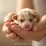 Mãos humanas segurando um filhote recém-nascido com cuidado.
