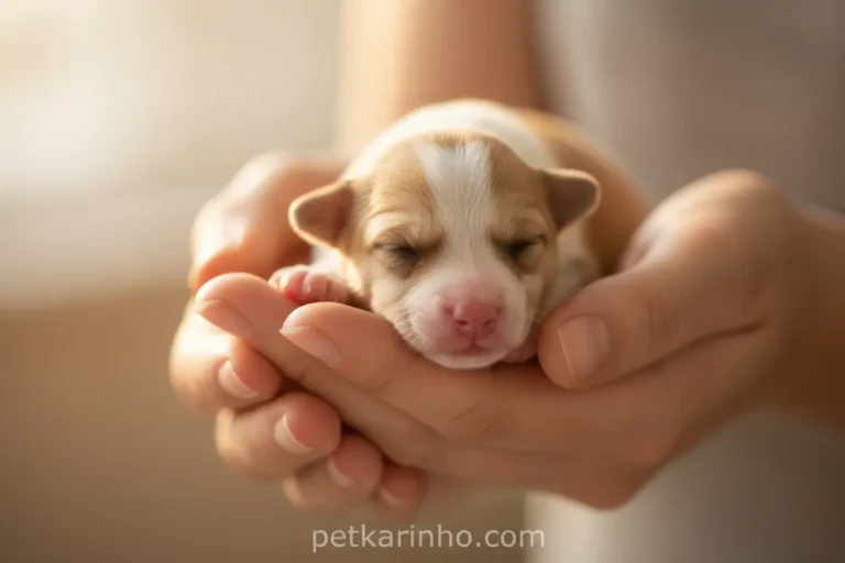 Mãos humanas segurando um filhote recém-nascido com cuidado.
