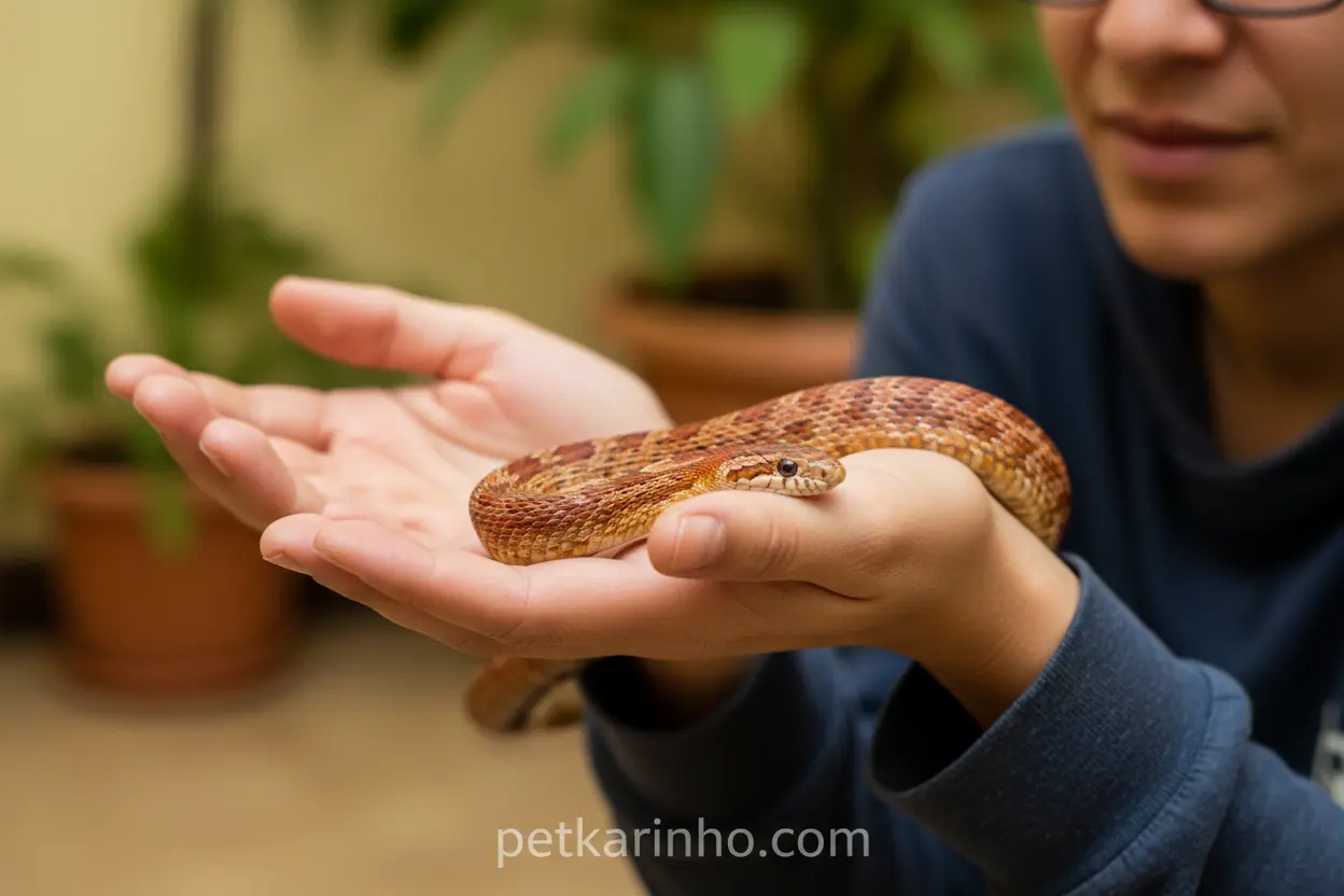 Manejo seguro de uma cobra-do-milho por um tutor.