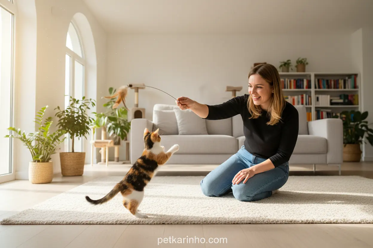 Interação Humana e Brincadeiras com Gatos Pessoa brincando com gato usando varinha de penas