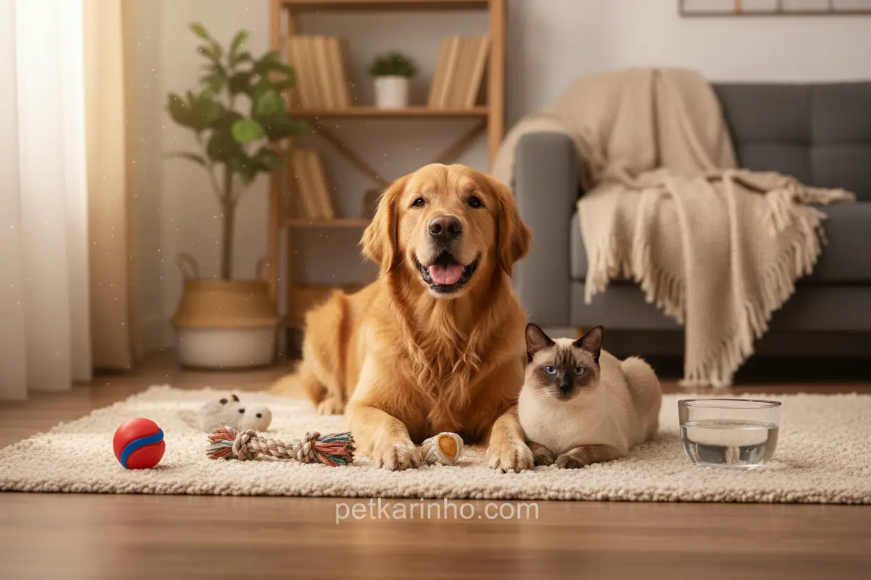 Cão e gato felizes em sua rotina de bem-estar.