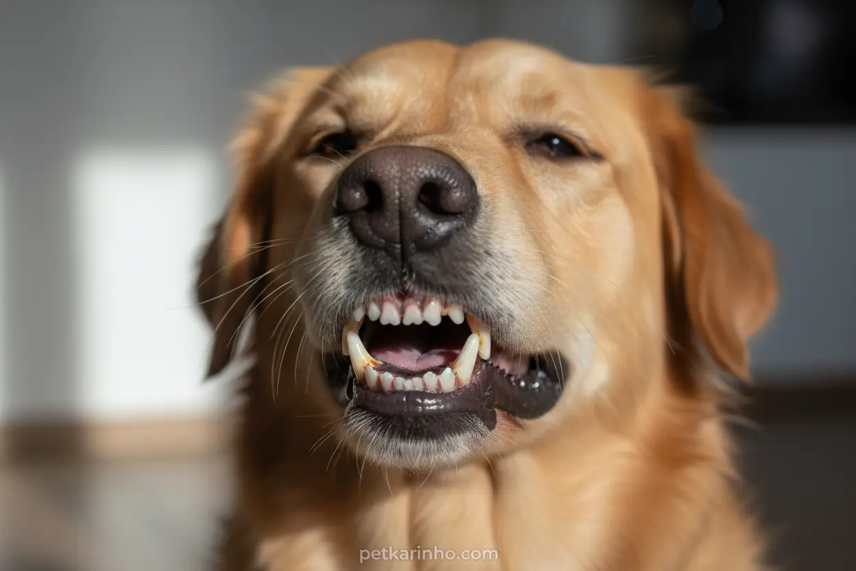 Cachorro com gengivas vermelhas e tártaro nos dentes