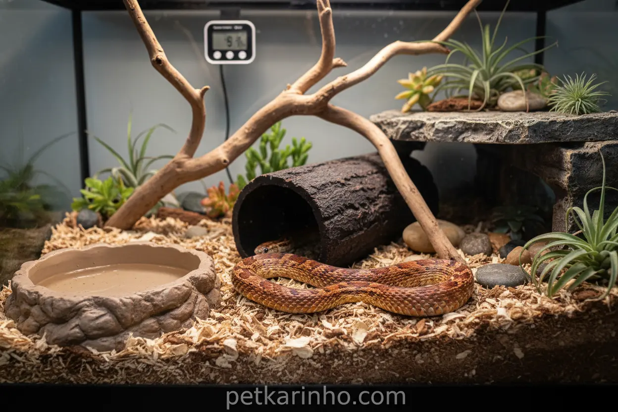Terrário completo para cobras domesticadas com substrato e esconderijo.