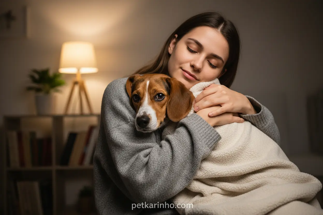 Tutor acalmando cachorro com medo de explosões com um abraço
