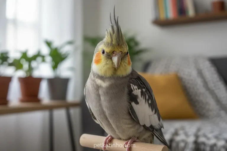 Calopsita com penas eriçadas, indicando estresse.