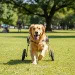 Golden retriever feliz com cadeira de rodas