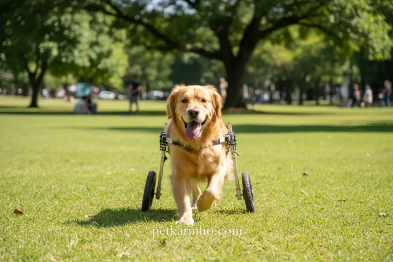 Golden retriever feliz com cadeira de rodas