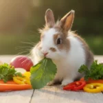 Coelho comendo vegetais frescos e frutas variadas