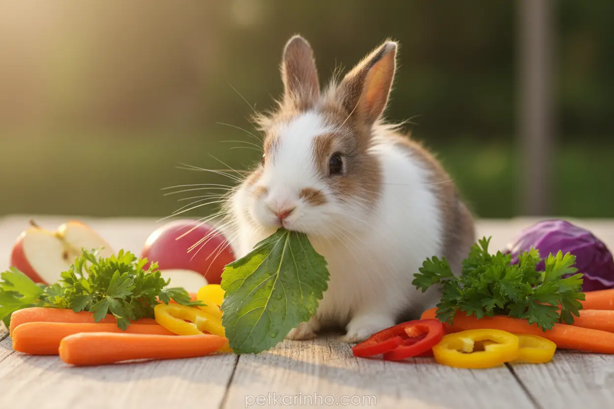 Coelho comendo vegetais frescos e frutas variadas