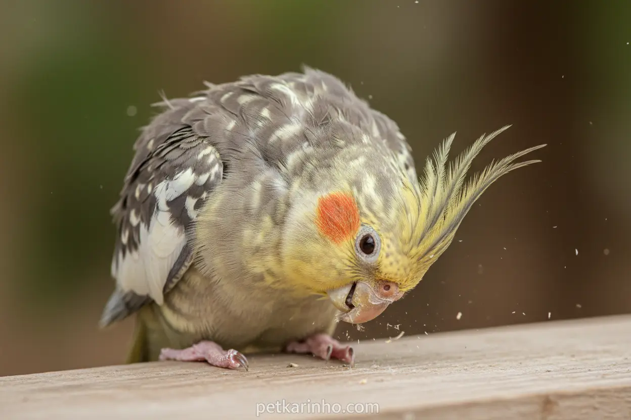 Calopsita roçando o bico, um dos sinais de estresse.