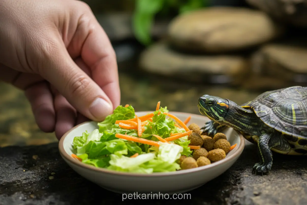 Mão alimentando tartaruga com vegetais