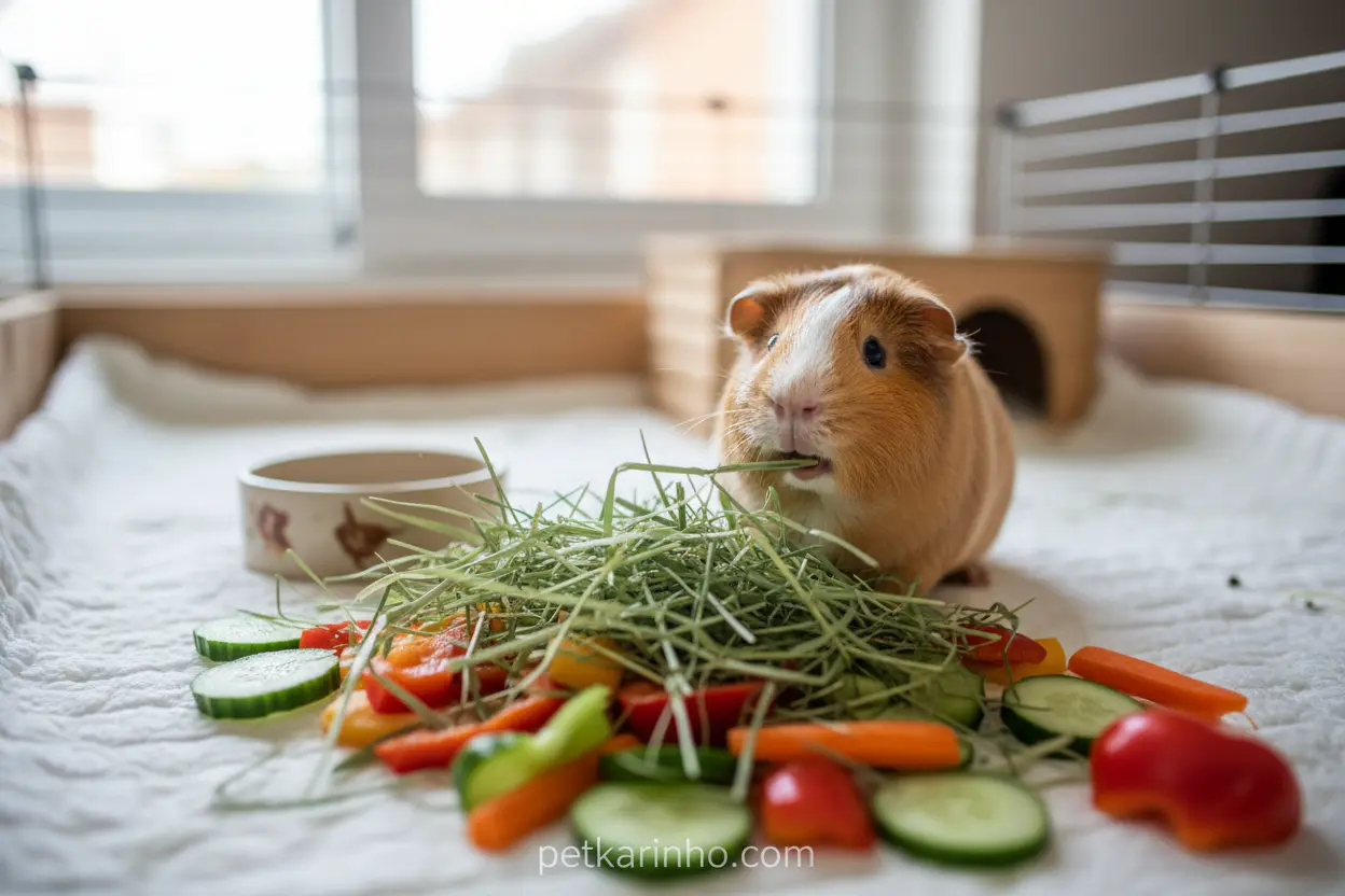 Porquinho da índia comendo feno e vegetais