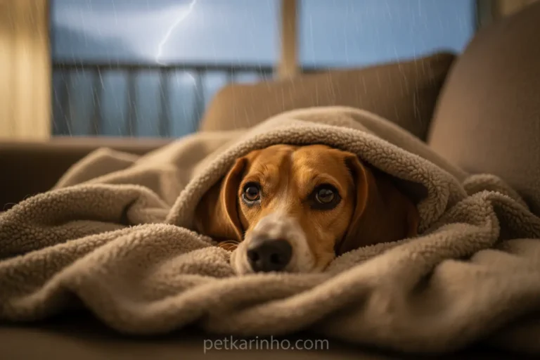 Cachorro com medo de trovoada enrolado em cobertor