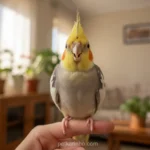 Calopsita feliz cantando no dedo do tutor