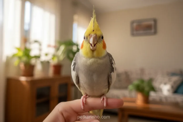 Calopsita feliz cantando no dedo do tutor