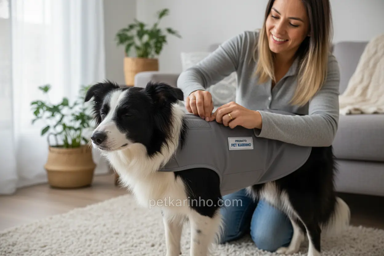 Tutor aplicando colete calmante em cachorro