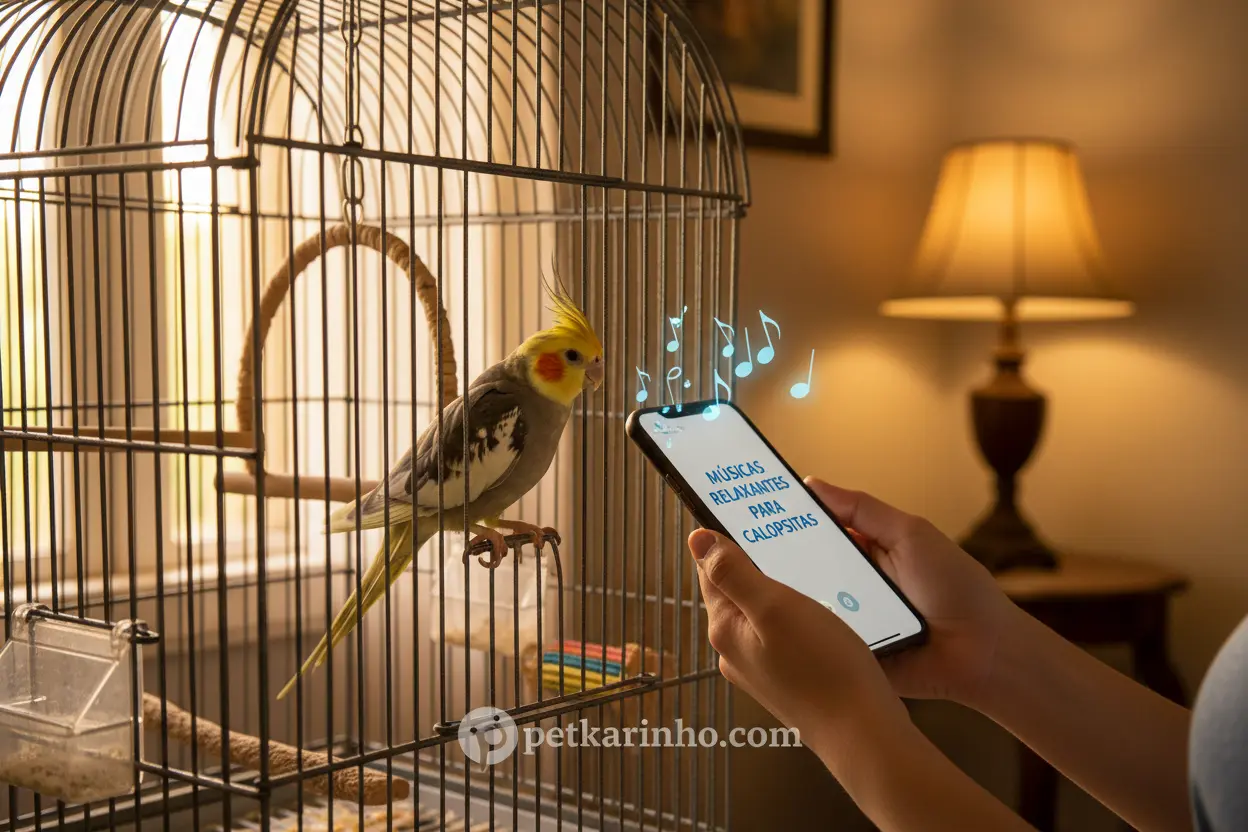 Tutor ensinando calopsita a cantar com música
