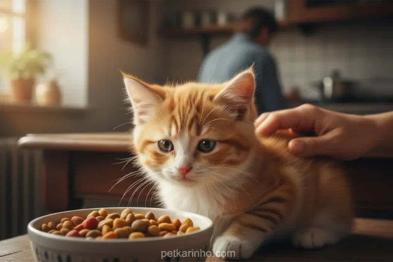 Gato filhote não quer comer, expressão triste, tigela de comida