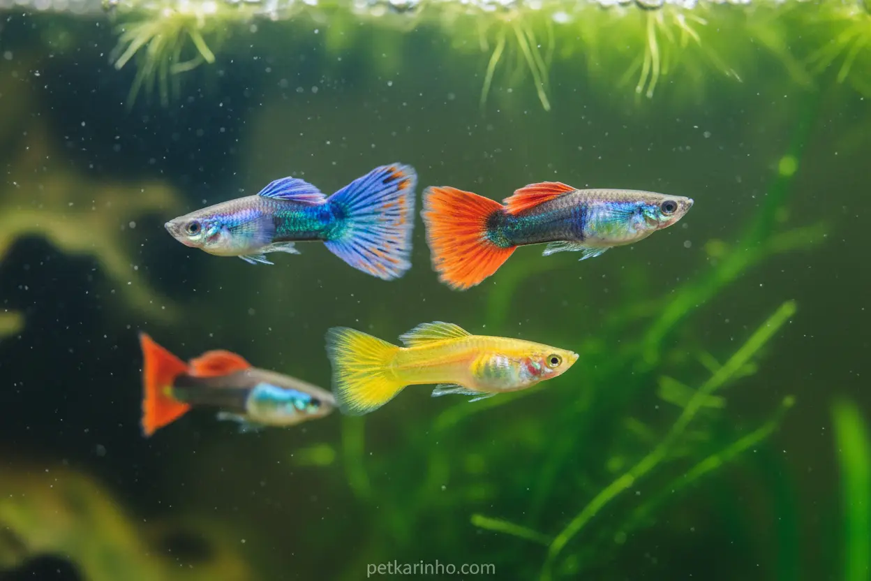 Peixes Guppy e Platy em aquário de água doce