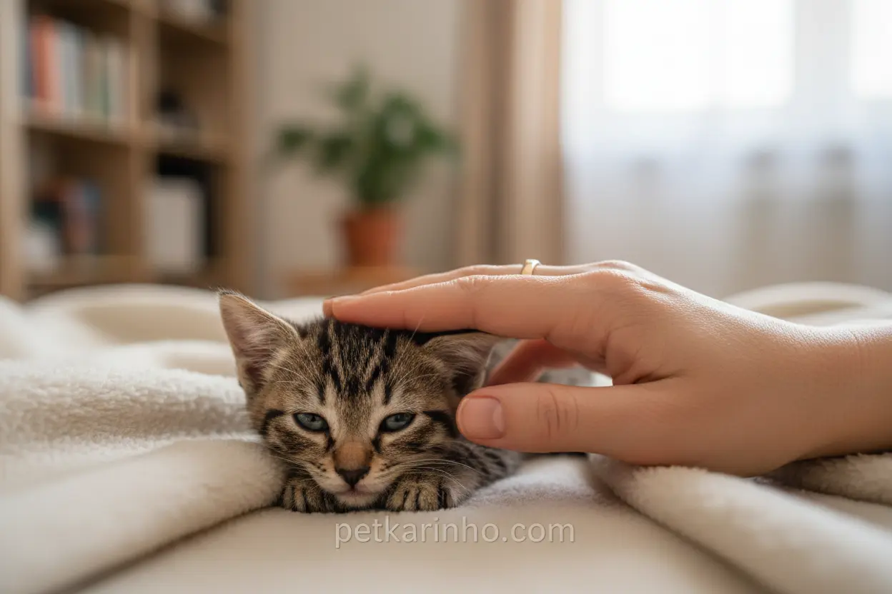 Sinais de Alertar em Gatos Filhotes Gato filhote apático, mão humana verificando, sinais de doença