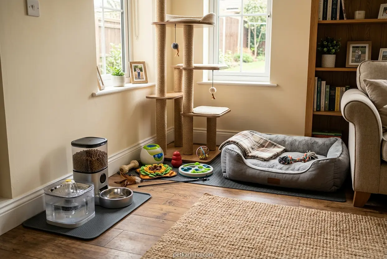 Canto da sala com cama, brinquedos e comedouros para pets.
