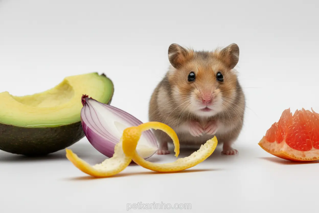 Hamster com frutas e vegetais que não pode comer.