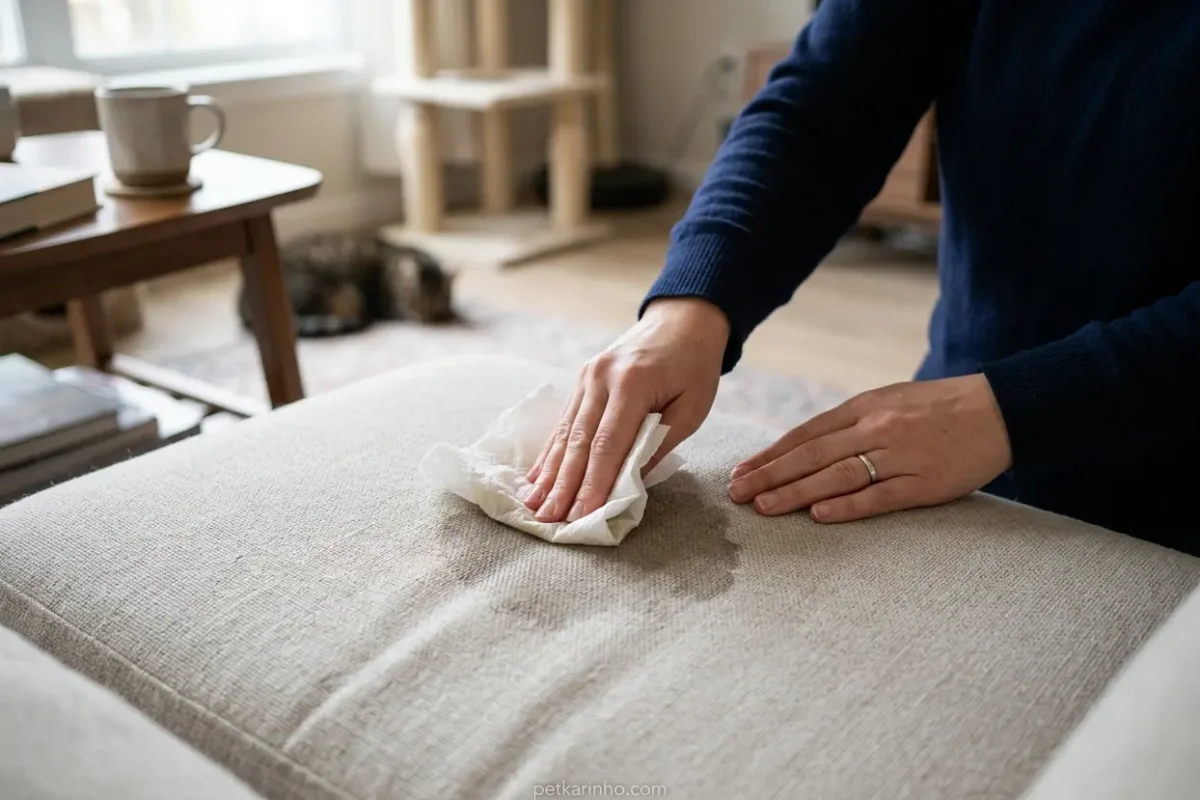 Mãos absorvendo urina de gato do sofá com papel toalha