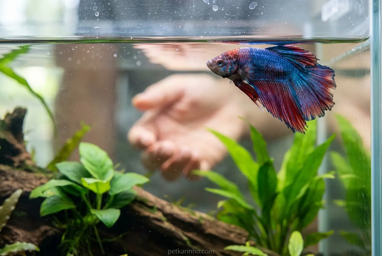 Peixe betta azul e vermelho em aquário, com expressão de cansaço.