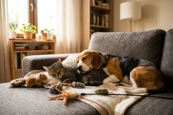 Cão e gato relaxando em casa, felizes e bem cuidados.