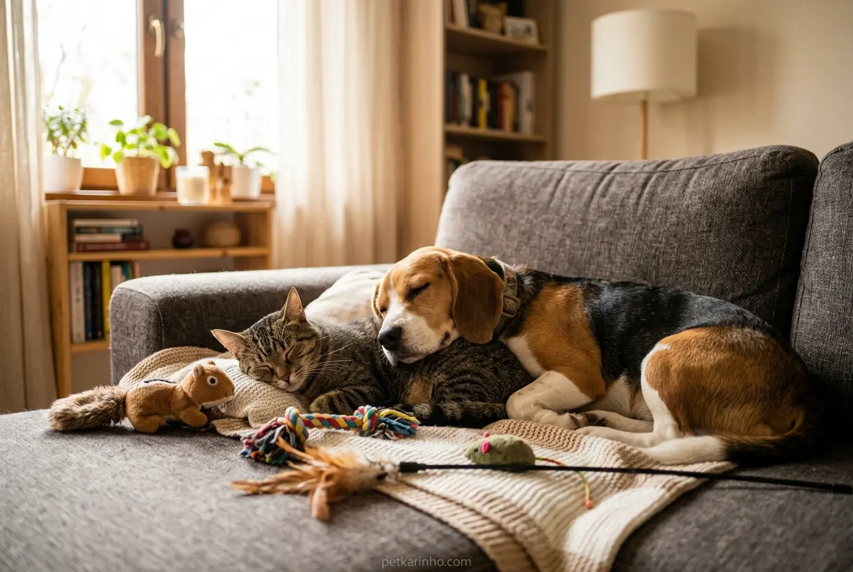 Cão e gato relaxando em casa, felizes e bem cuidados.